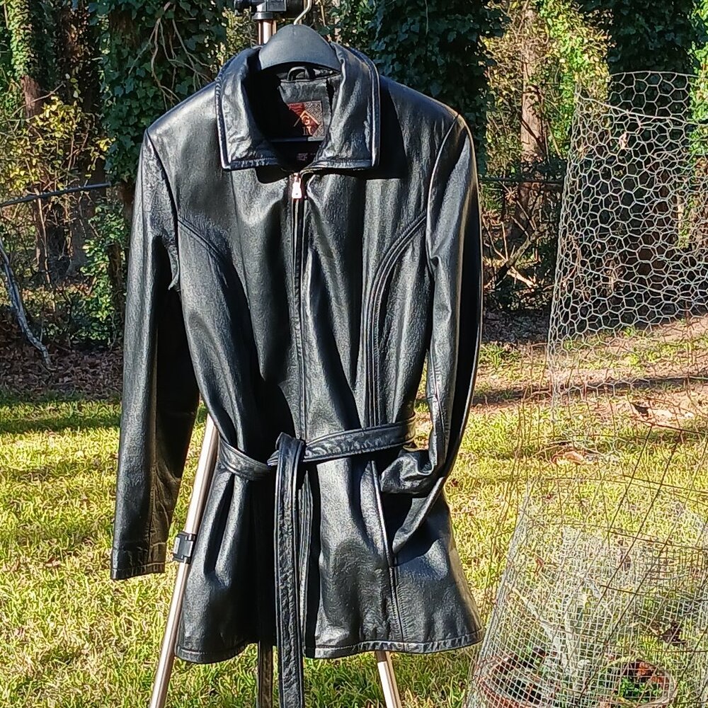 90's G3 Black Leather Mid Length/Trench Zip Up, Waist Tie, Slip Pockets SzS